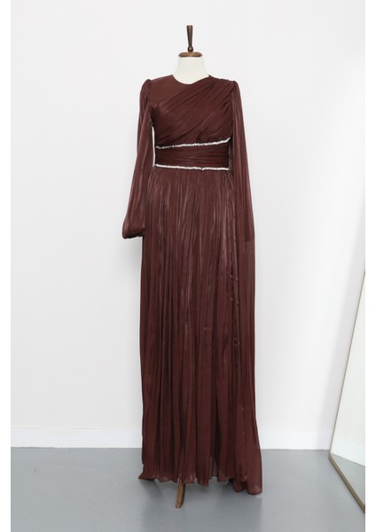 Kahverengi Bel Büzgülü Taşlı Abiye