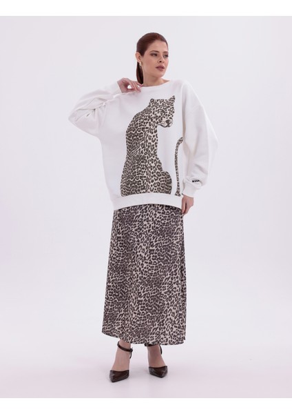 Kahverengi Leopar Desenli Dar Kalıp Yüksek Bel A Kesim Etek