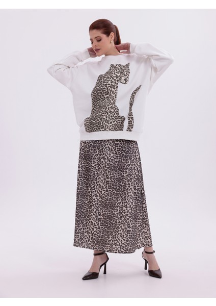 Kahverengi Leopar Desenli Dar Kalıp Yüksek Bel A Kesim Etek