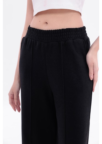 Kadın Siyah Yüksek Bel Geniş Paça Selanik Kumaş Eşofman Altı