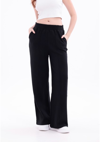 Kadın Siyah Yüksek Bel Geniş Paça Selanik Kumaş Eşofman Altı fiyatları