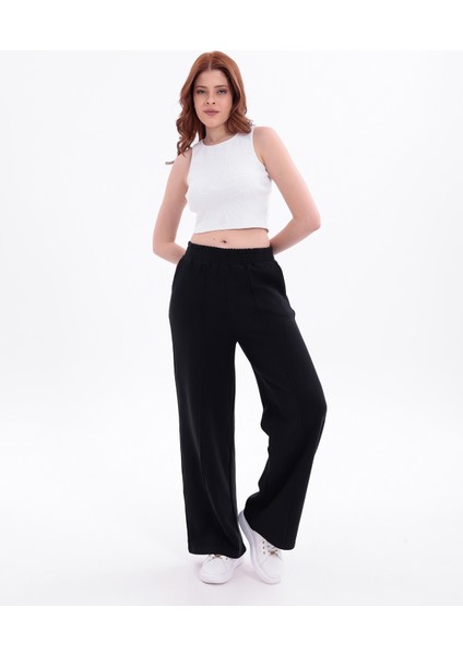 Kadın Siyah Yüksek Bel Geniş Paça Selanik Kumaş Eşofman Altı fırsatları