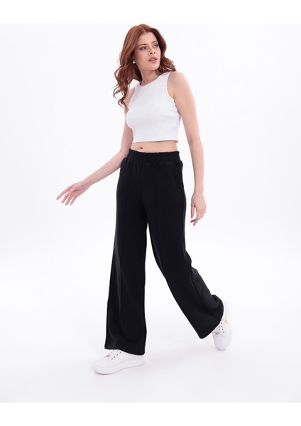 Kadın Siyah Yüksek Bel Geniş Paça Selanik Kumaş Eşofman Altı