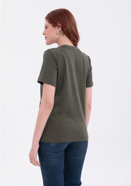 Fiyonk Desenli Inci Işlemeli Normal Kalıp Haki Basic T-Shirt fiyatları