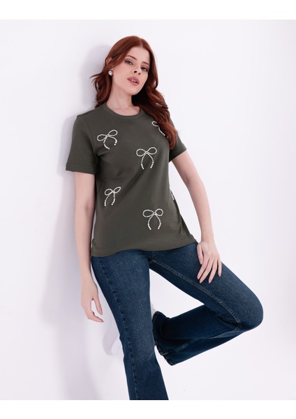 Fiyonk Desenli Inci Işlemeli Normal Kalıp Haki Basic T-Shirt modelleri