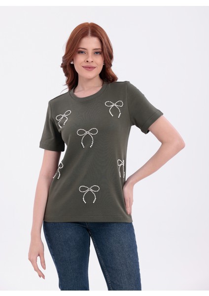 Fiyonk Desenli Inci Işlemeli Normal Kalıp Haki Basic T-Shirt fırsatları