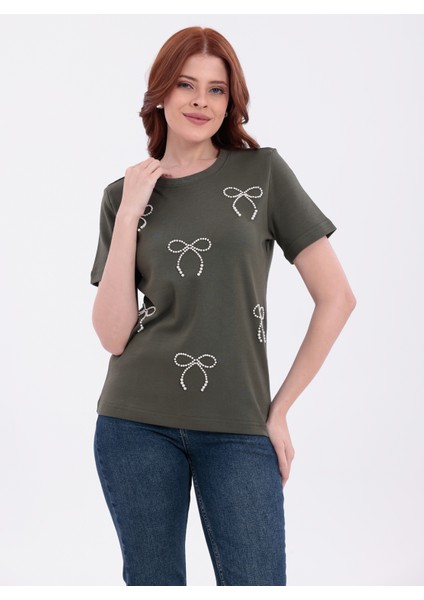 Fiyonk Desenli Inci Işlemeli Normal Kalıp Haki Basic T-Shirt indirimleri