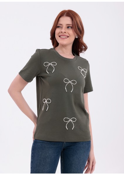 Fiyonk Desenli Inci Işlemeli Normal Kalıp Haki Basic T-Shirt