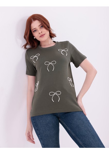 Fiyonk Desenli Inci Işlemeli Normal Kalıp Haki Basic T-Shirt