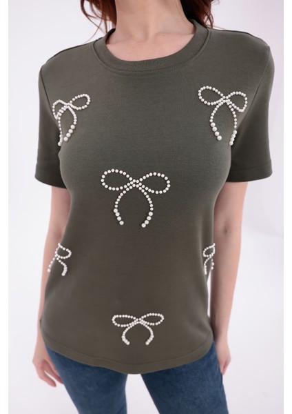 Fiyonk Desenli Inci Işlemeli Normal Kalıp Haki Basic T-Shirt