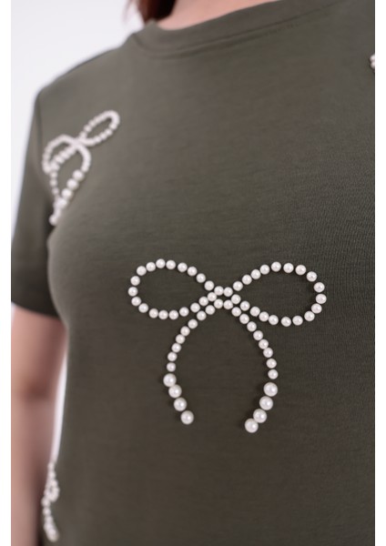 Fiyonk Desenli Inci Işlemeli Normal Kalıp Haki Basic T-Shirt