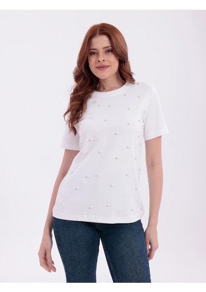 Inci Işlemeli Normal Kalıp Beyaz Basic T-Shirt
