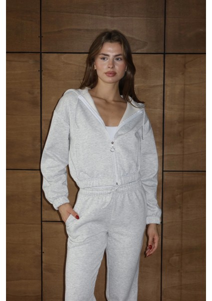 3 Iplik Şardonlu Kapşonlu Fermuarlı Kısa Üst Gri