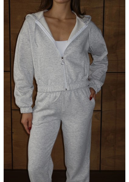 3 Iplik Şardonlu Kapşonlu Fermuarlı Kısa Üst Gri fiyatları