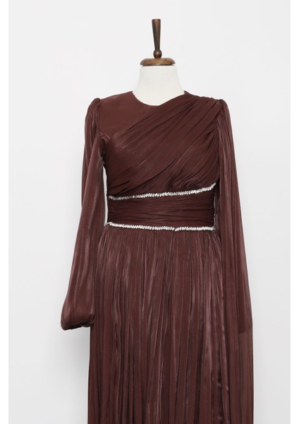 Kahverengi Bel Büzgülü Taşlı Abiye modelleri