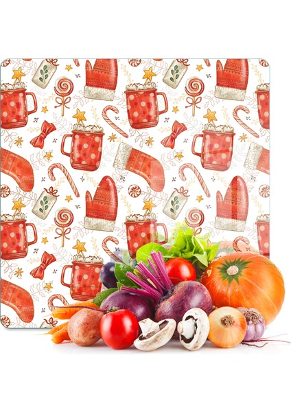Cam Kesme Tahtası ve Sunumluk Kare Christmas Yılbaşı Desenli 30 x 30 cm