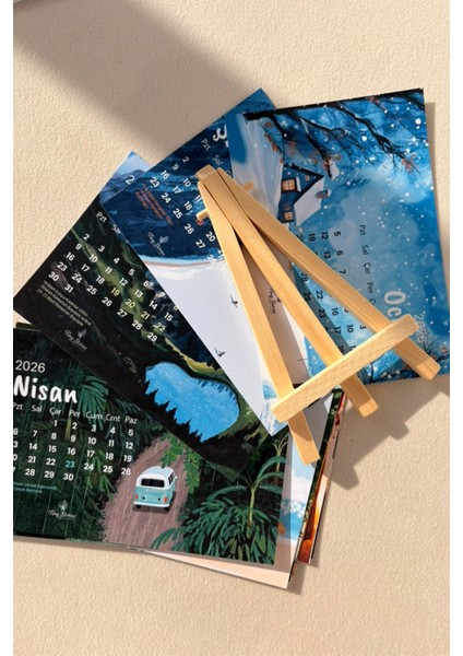 2026 Takvim – Çizim Manzara Temalı + Tahta Stand fırsatları