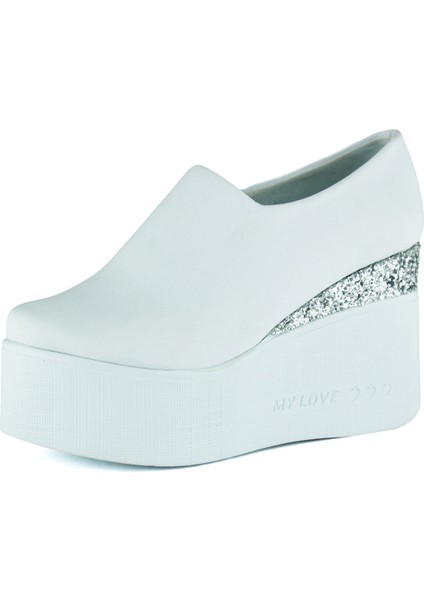 Lumi Beyaz Streç Yuvarlak Burun Taşlı Gizli Dolgu Topuklu Günlük Ayakkabı