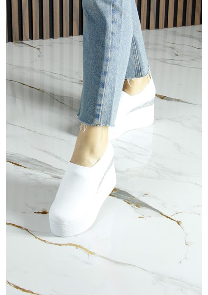 Lumi Beyaz Streç Yuvarlak Burun Taşlı Gizli Dolgu Topuklu Günlük Ayakkabı indirimleri