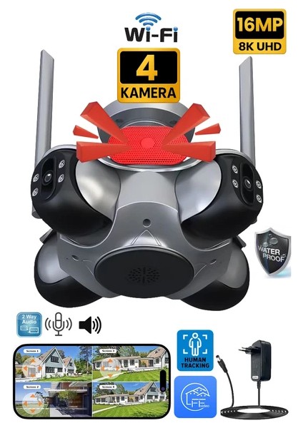 4 Kameralı Wifi 16MP Akıllı Gece Görüşlü Sesli Kamera Türkçe Uzaktan Izleme Sirenli Ultra Hd Ptz Hareketli
