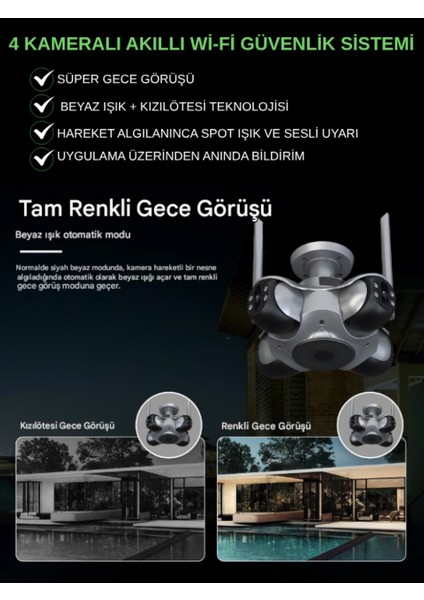 4 Kameralı Wifi 16MP Akıllı Gece Görüşlü Sesli Kamera Türkçe Uzaktan Izleme Sirenli Ultra Hd Ptz Hareketli indirimleri