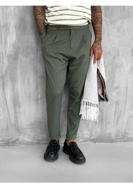 Erkek Ayarlanabilir Tokalı Pileli Kumaş Pantolon Haki indirimleri