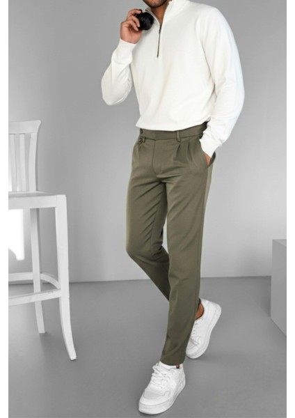 Erkek Pileli Kumaş Pantolon Haki