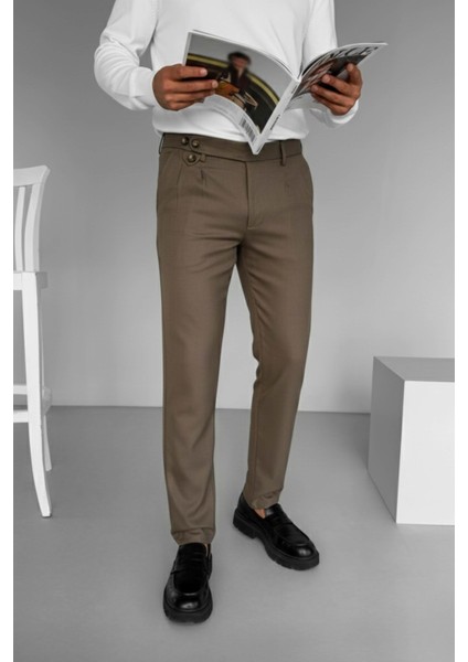 Erkek Pileli Kumaş Pantolon Açık Kahve