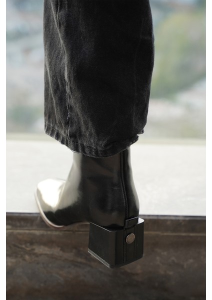 Kadın Topuklu Bot&Bootie Küt Burun Ahşap Desen Ökçe Fermuarlı Günlük Klasik Bot Noyes Siyah indirimleri