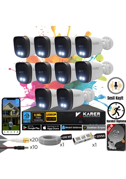 Exitcam-10'li Ahd Güvenlik Kamera Seti-Gece Renkli- Su Geçirmez-2 Mp Full Hd