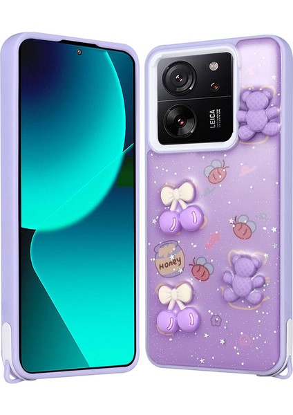 Xiaomi Mi 13T Kılıf Parlayan Sıvılı Simli Kabartma Figürlü Snel Cevze Kapak-Mor Ayı