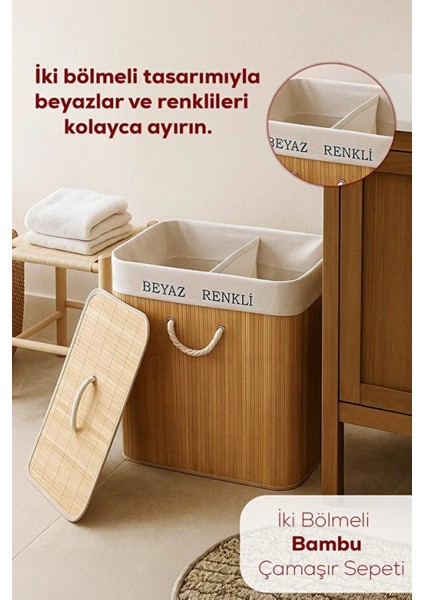 Doğal Bambu Iki Bölmeli Kirli Çamaşır Sepeti - 75 Litre, Geniş Hacimli - Katlanabilir - Şık Tasarım fiyatları