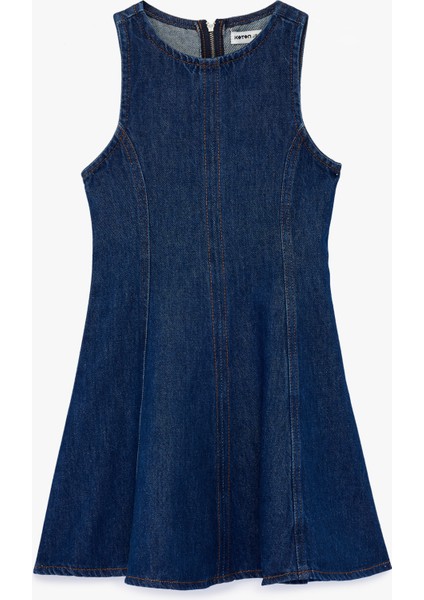 Pamuklu Kolsuz Bisiklet Yaka Denim Elbise