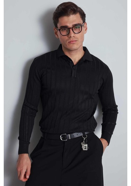 Erkek Slim Fit Premium Kumaş Polo Yaka Düğmeli Kazak Siyah