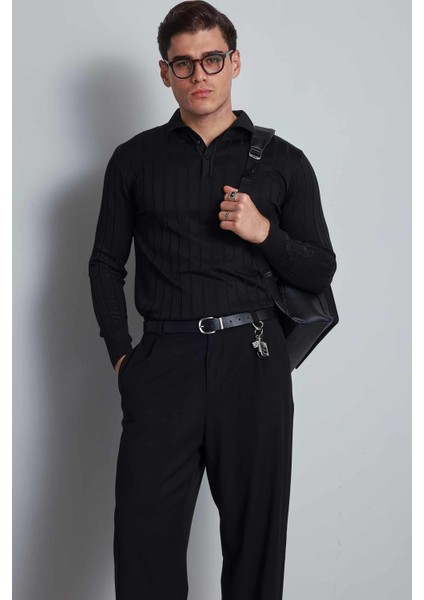 Erkek Slim Fit Premium Kumaş Polo Yaka Düğmeli Kazak Siyah fiyatları