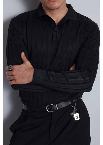 Erkek Slim Fit Premium Kumaş Polo Yaka Düğmeli Kazak Siyah modelleri