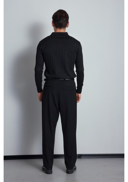 Erkek Slim Fit Premium Kumaş Polo Yaka Düğmeli Kazak Siyah fırsatları