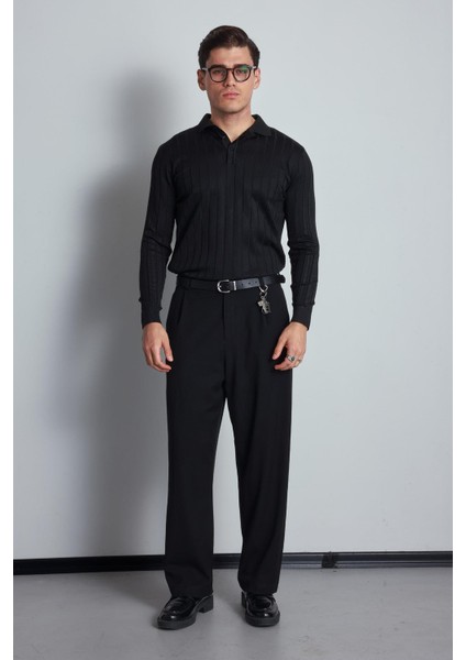 Erkek Slim Fit Premium Kumaş Polo Yaka Düğmeli Kazak Siyah indirimleri