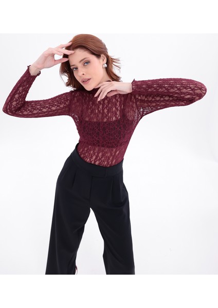 Kadın Bordo Uzun Kollu Yarım Balıkçı Yaka Body
