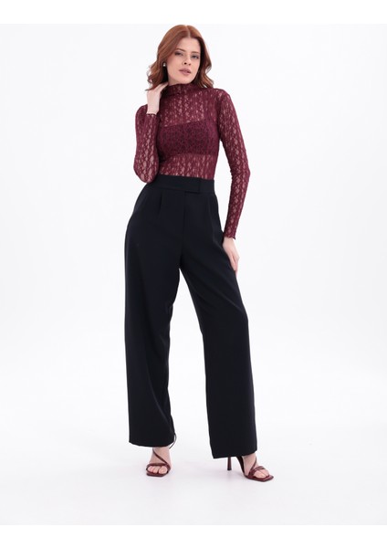 Kadın Bordo Uzun Kollu Yarım Balıkçı Yaka Body