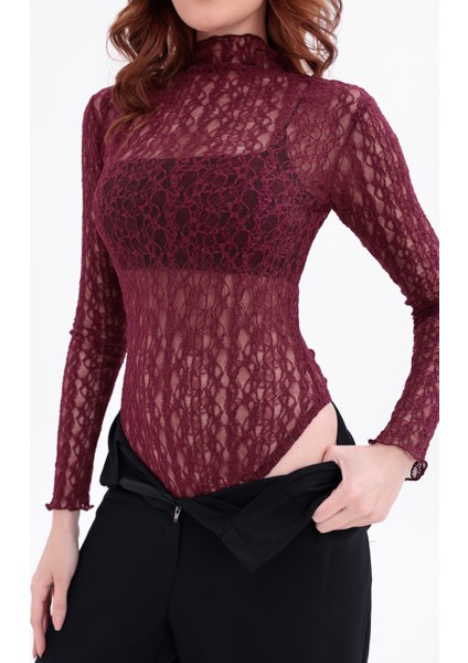 Kadın Bordo Uzun Kollu Yarım Balıkçı Yaka Body