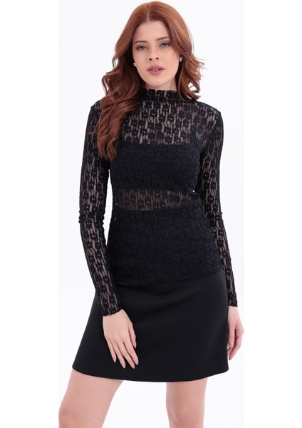 Kadın Siyah Uzun Kollu Yarım Balıkçı Yaka Bluz