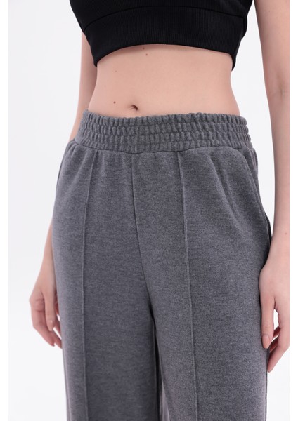 Kadın Antrasit Yüksek Bel Geniş Paça Örme Selanik Kumaş Eşofman Altı