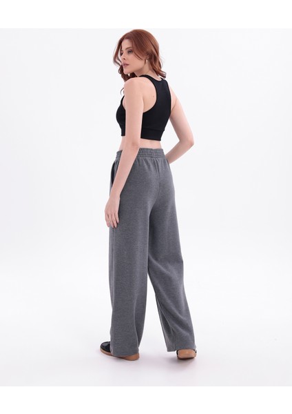 Kadın Antrasit Yüksek Bel Geniş Paça Örme Selanik Kumaş Eşofman Altı modelleri