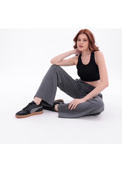 Kadın Antrasit Yüksek Bel Geniş Paça Örme Selanik Kumaş Eşofman Altı