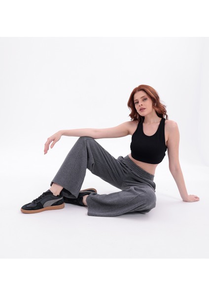 Kadın Antrasit Yüksek Bel Geniş Paça Örme Selanik Kumaş Eşofman Altı