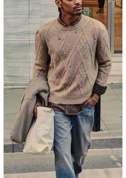 Erkek Oversize Desenli Triko Kazak Taş