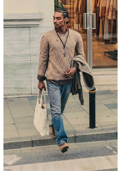 Erkek Oversize Desenli Triko Kazak Taş fiyatları