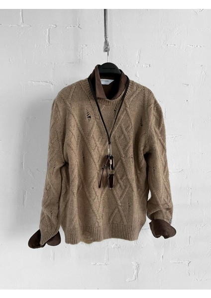 Erkek Oversize Desenli Triko Kazak Taş indirimleri