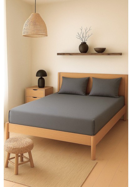 Pamuklu Antrasit Rengi Lastikli Çarşaf + 2'li Yastık Kılıfı - Battal Ölçüler